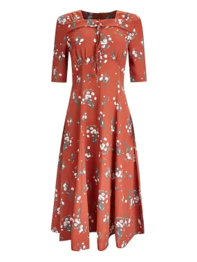 1940s Vintage Floral Tribute Tea Dress in Russet Orange