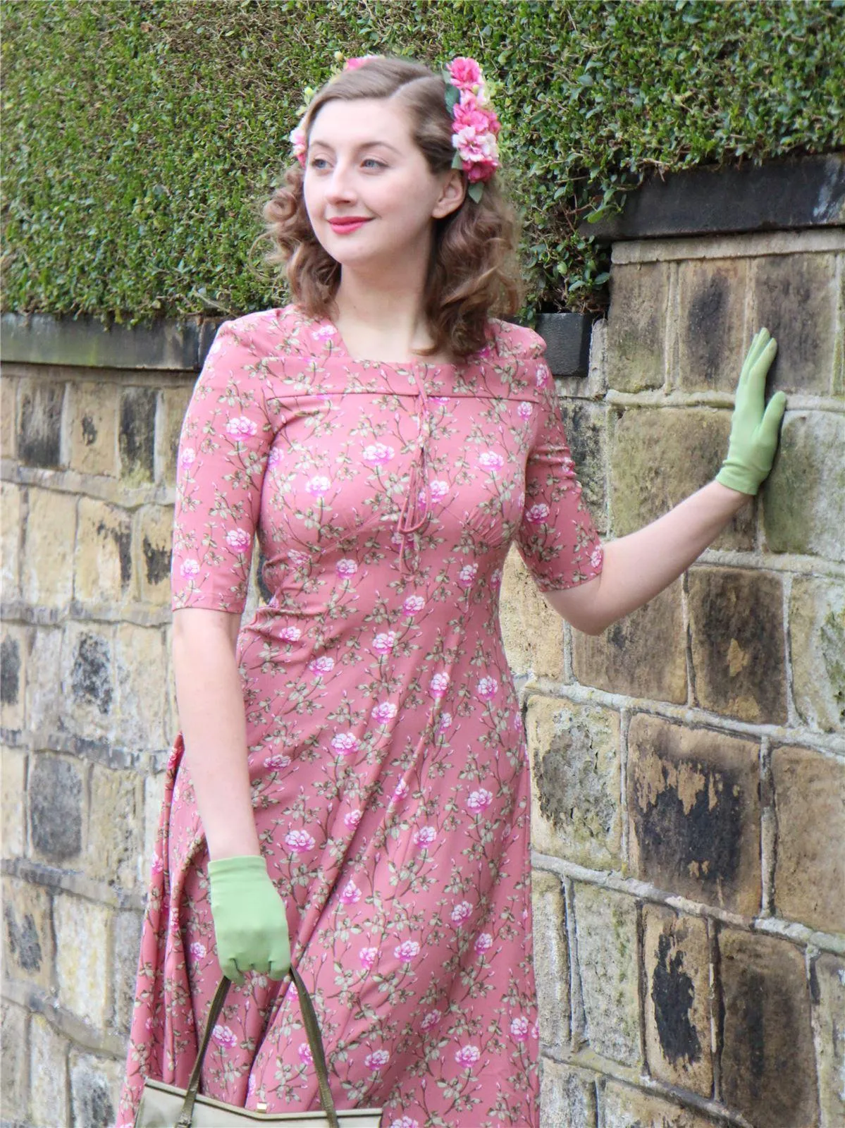 1940s Vintage Tribute Floral Tea Dress in Blush Pink