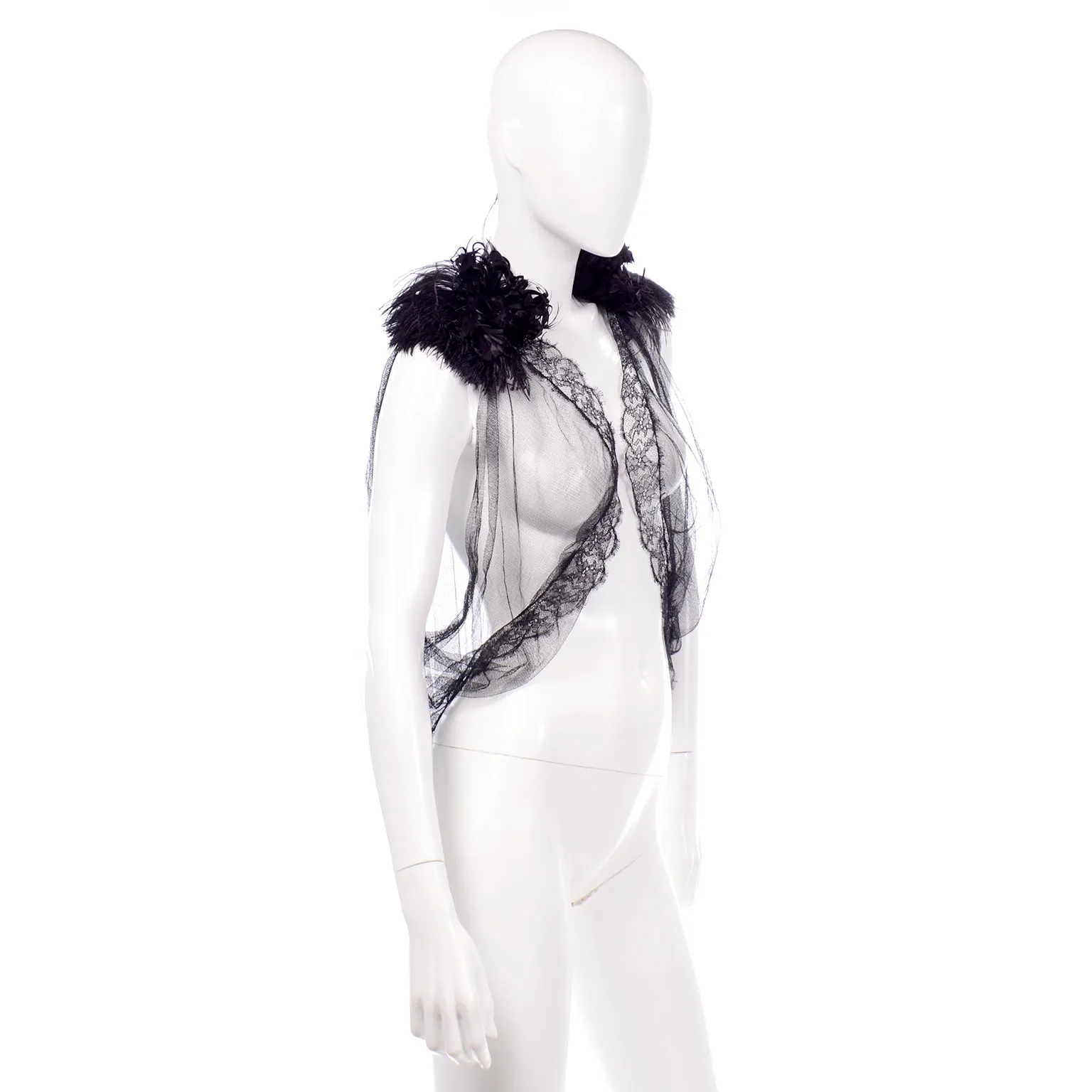 2012 Alberta Ferretti Sheer Silk Tulle Black Top w/ Lace Trim & Feathers