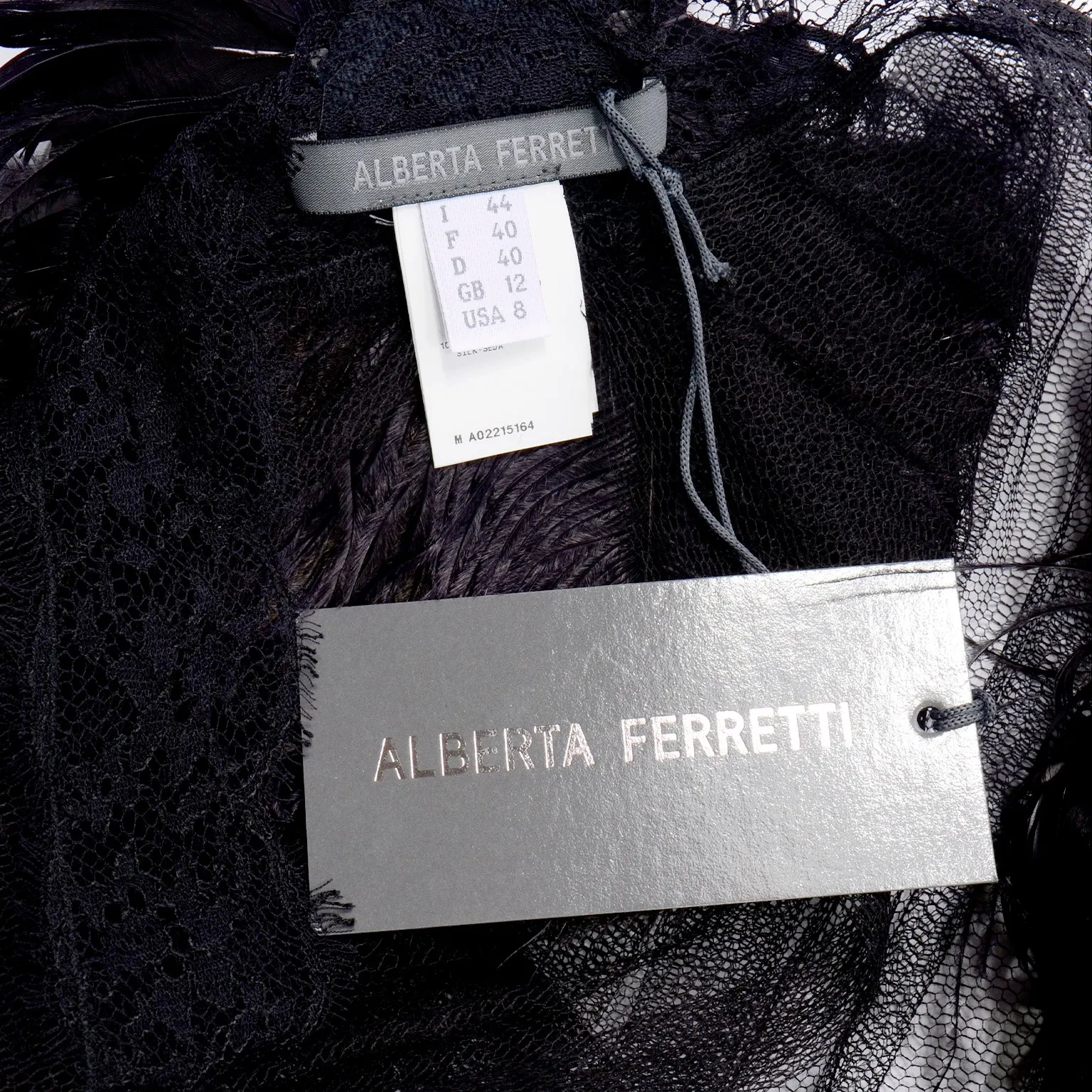 2012 Alberta Ferretti Sheer Silk Tulle Black Top w/ Lace Trim & Feathers