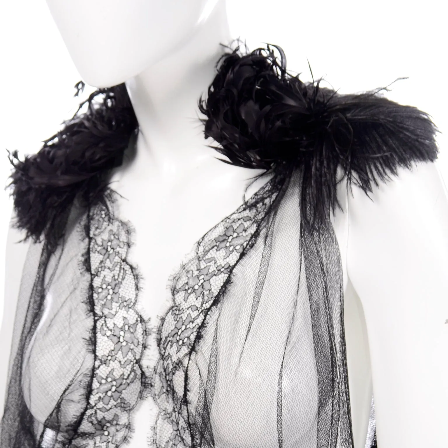 2012 Alberta Ferretti Sheer Silk Tulle Black Top w/ Lace Trim & Feathers