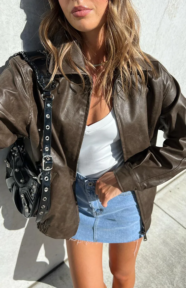 Abbi PU Vintage Brown Bomber Jacket