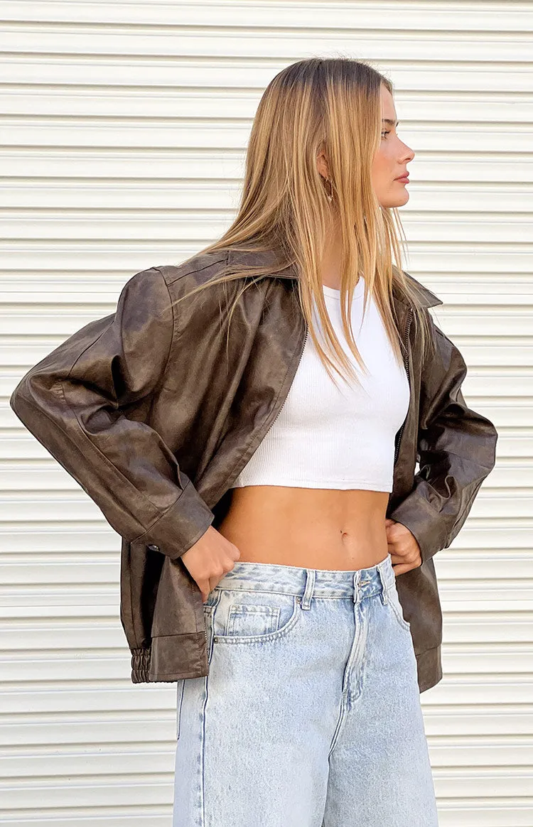 Abbi PU Vintage Brown Bomber Jacket