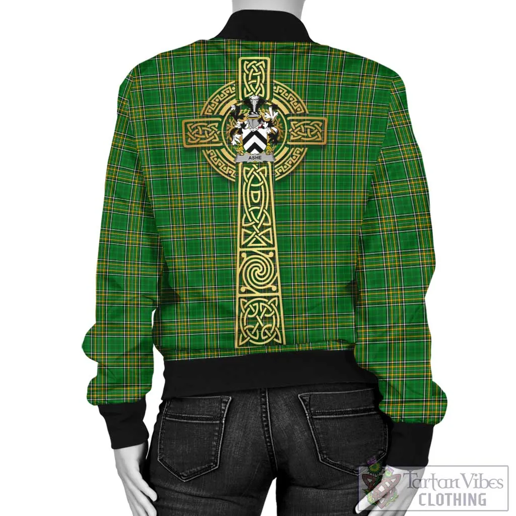 Ashe Irish Clan Tartan Bomber Jacket with Coat of Arms Celtic Tree of Life Style