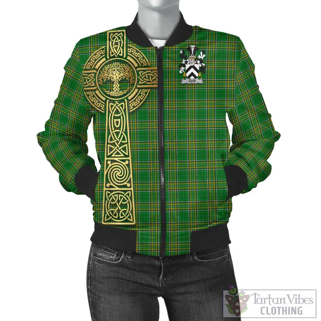 Ashe Irish Clan Tartan Bomber Jacket with Coat of Arms Celtic Tree of Life Style