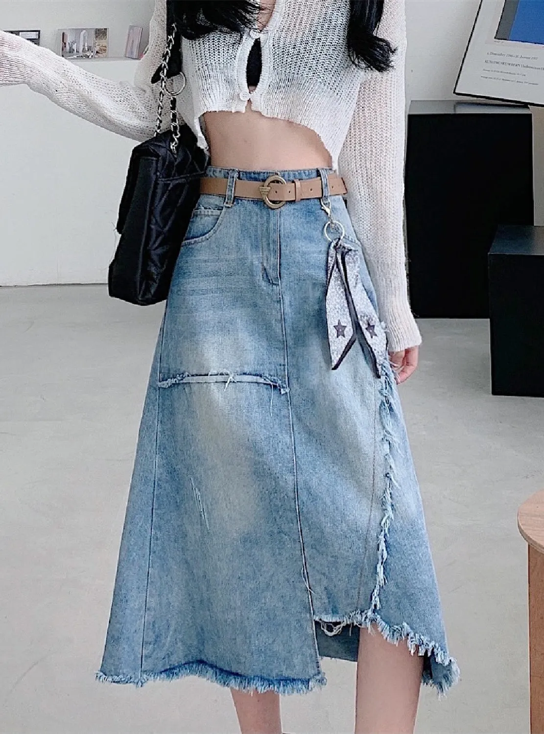 Asymmetric Long Denim Skirt