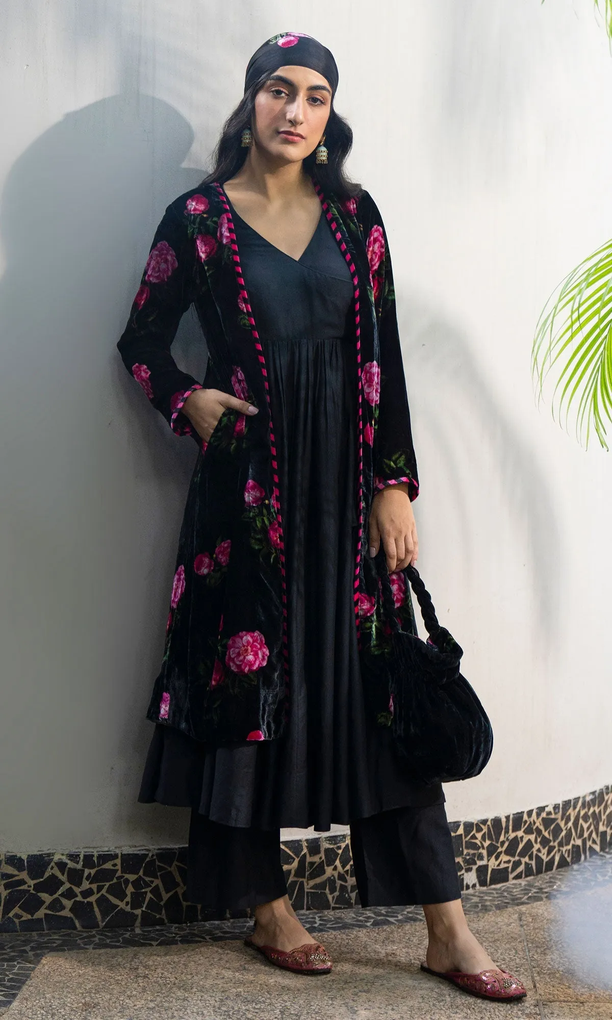 Bareen Silk velvet floral black jacket with angrakha and palazzo - Set of 3