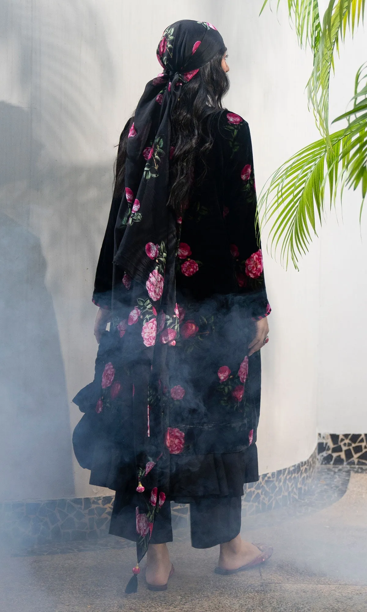 Bareen Silk velvet floral black jacket with angrakha and palazzo - Set of 3