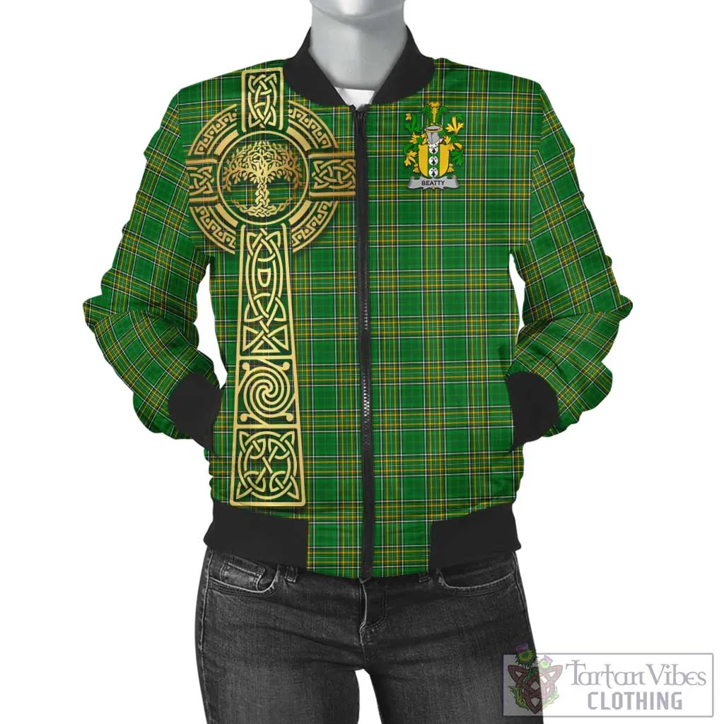 Beatty Irish Clan Tartan Bomber Jacket with Coat of Arms Celtic Tree of Life Style