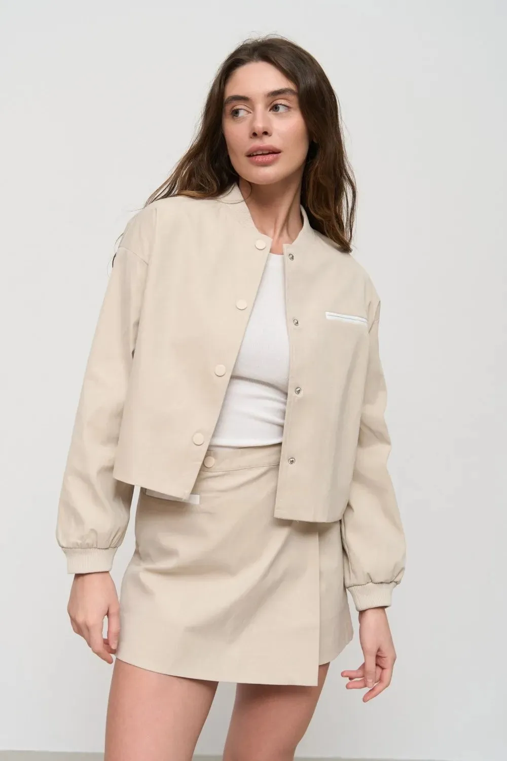 Beige Cropped Bomber Jacket with Pockets