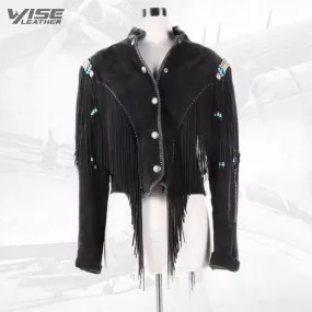 Black Buckskin Suede Leather Fringes Biker Jacket