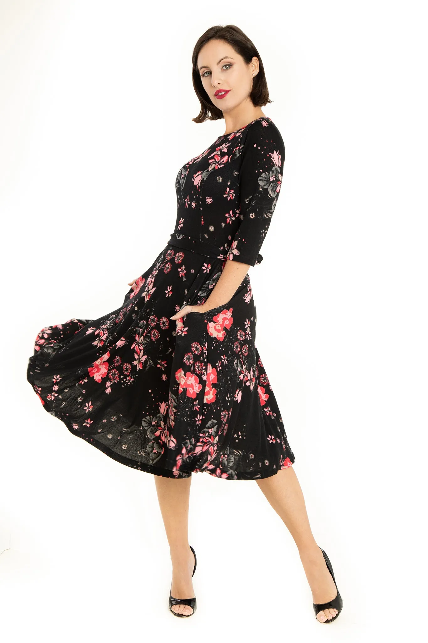 Black Multi Florals 3/4 Sleeve Knit Dress