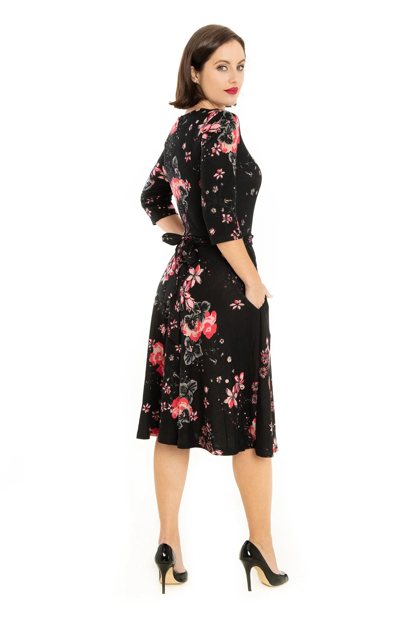 Black Multi Florals 3/4 Sleeve Knit Dress