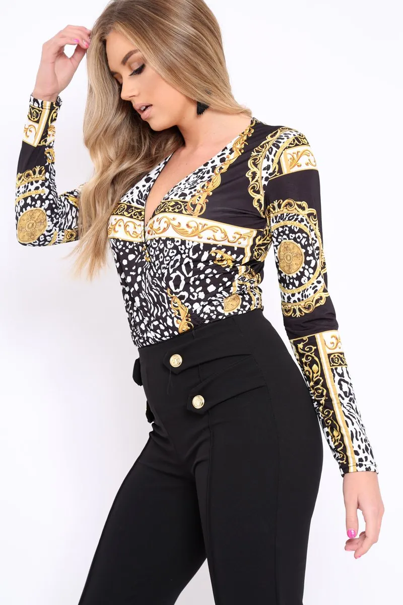 Black Scarf Print Wrap Bodysuit - Yazmin