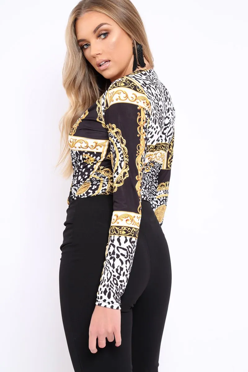 Black Scarf Print Wrap Bodysuit - Yazmin