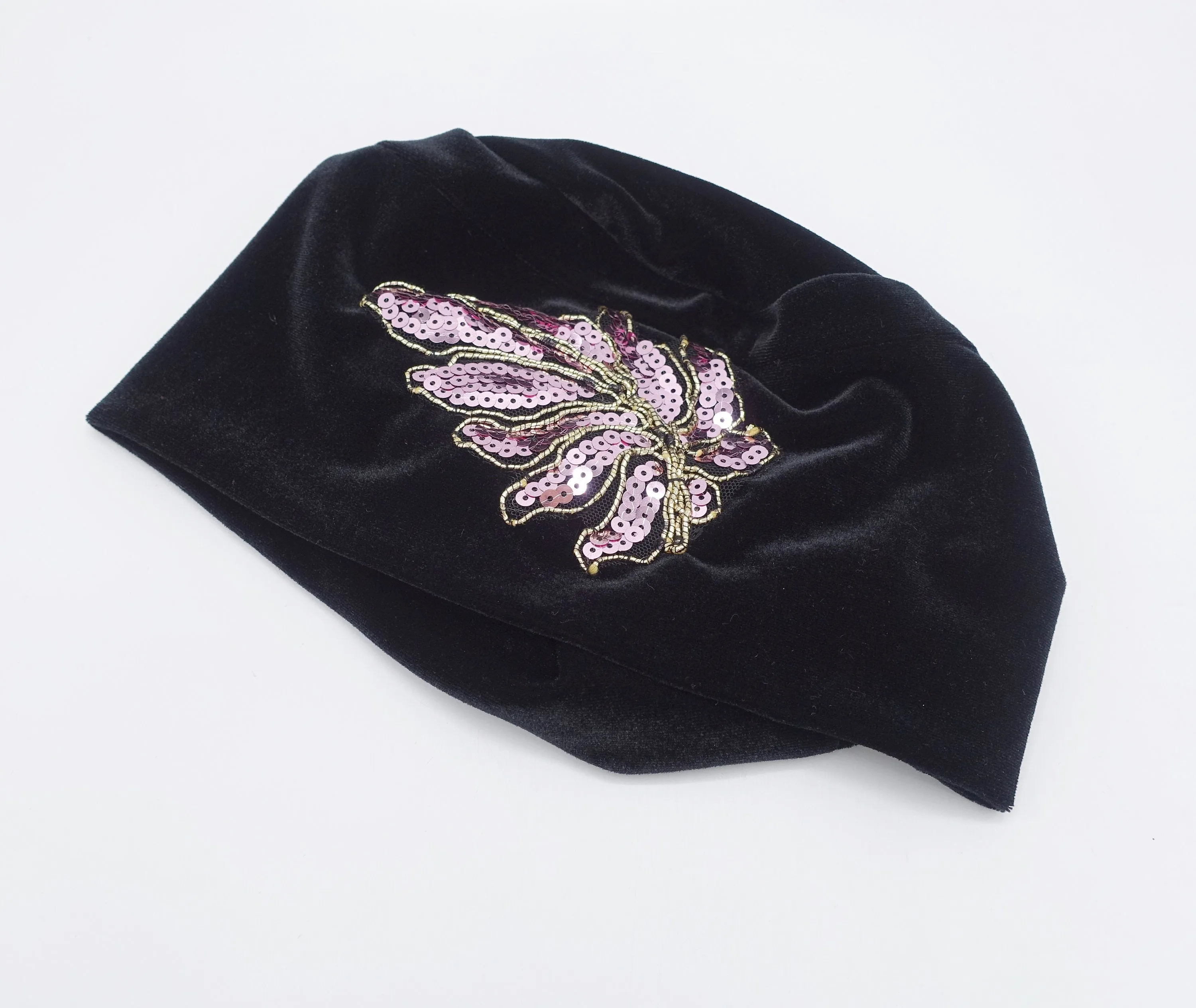 black velvet beanie, sequin leaf embellished hat, stretchable fashion hat for women