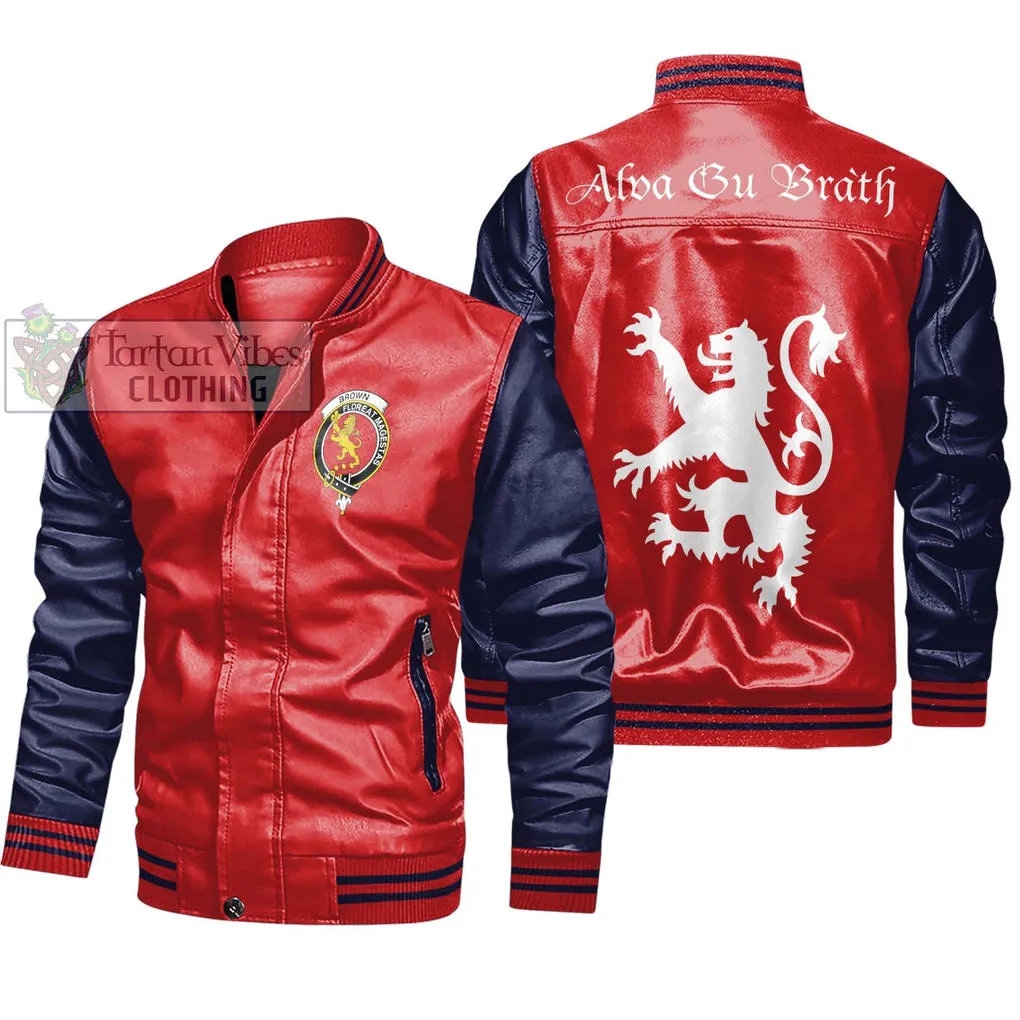 Brown (Broun) Family Crest Leather Bomber Jacket Lion Rampant Alba Gu Brath Style