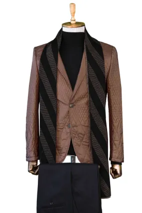 Brown Quilted Jacket, Black Turtleneck Sweater & Trousers, and Striped Scarf Combination - Modern Winter Look