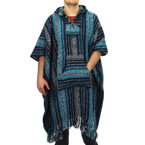 Brushed Cotton Long Hooded Poncho - Blue