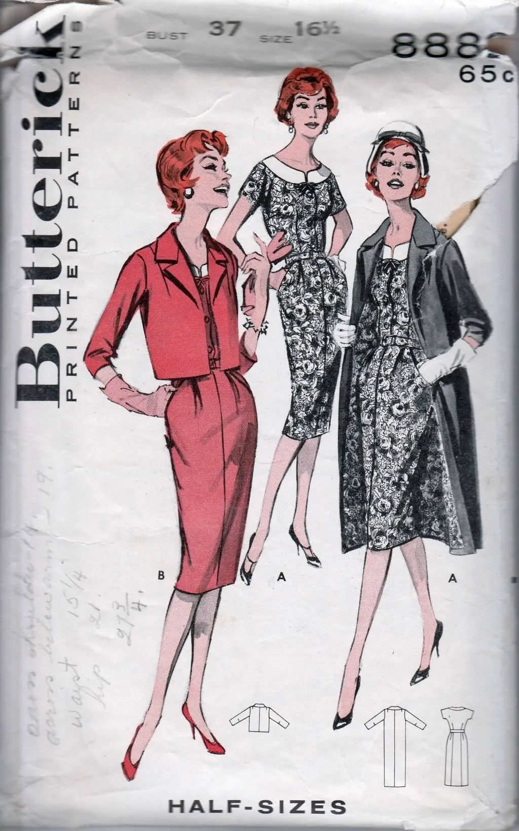 Butterick 8882 Vintage 1950's Sewing Pattern Ladies Sheath Dress Jacket Coat