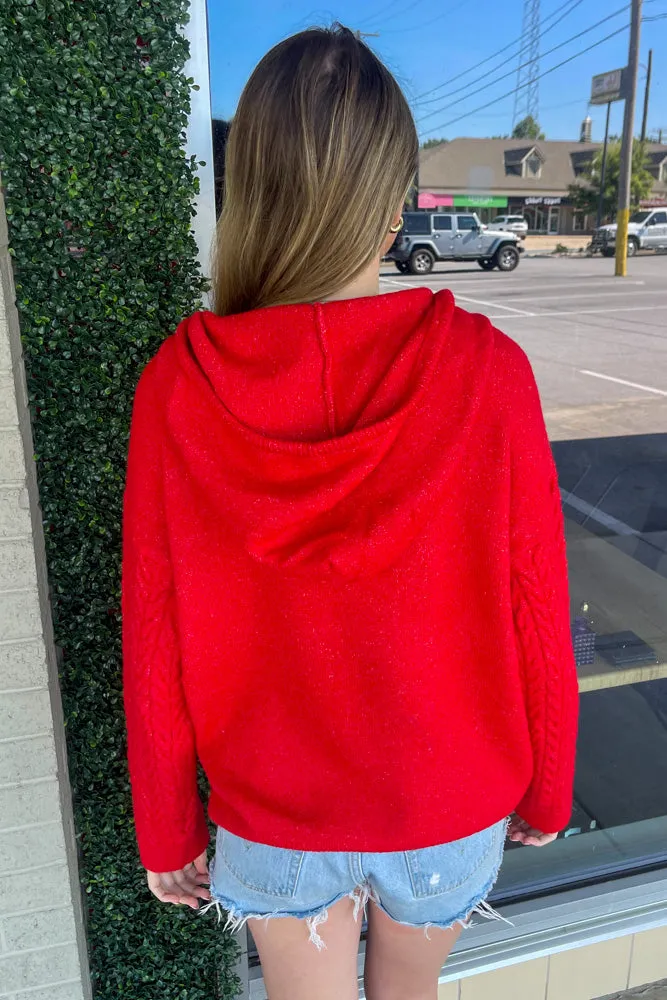 Cable Knit Sleeve Detail Sweater Top-Red