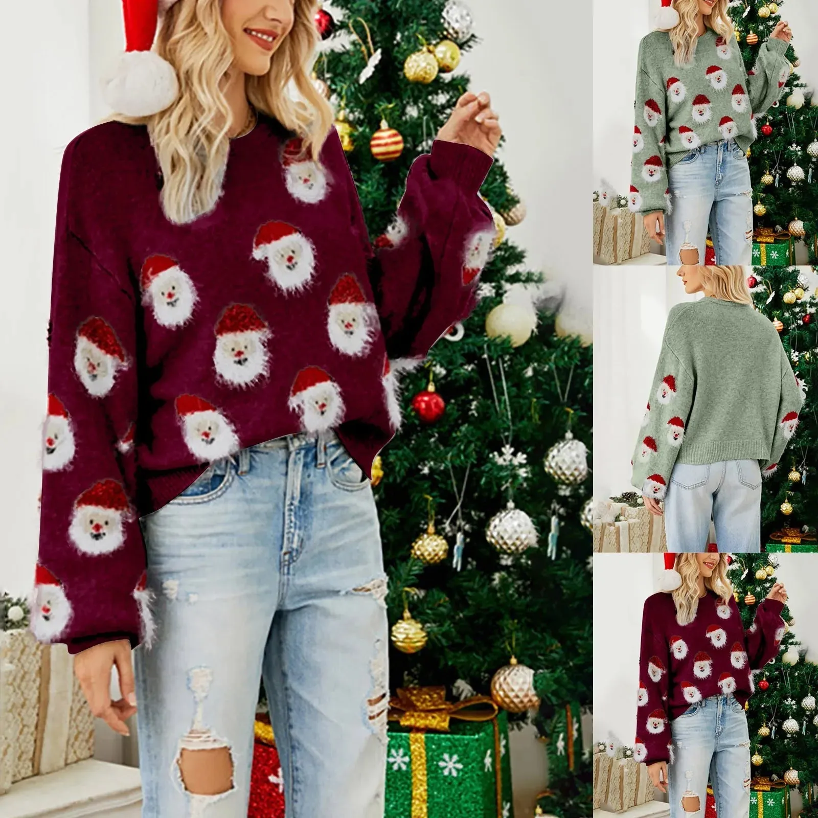 Christmas Cozy Cute Santa Head Round Neck Casual Oversized Warm Stylish Winter Sweater