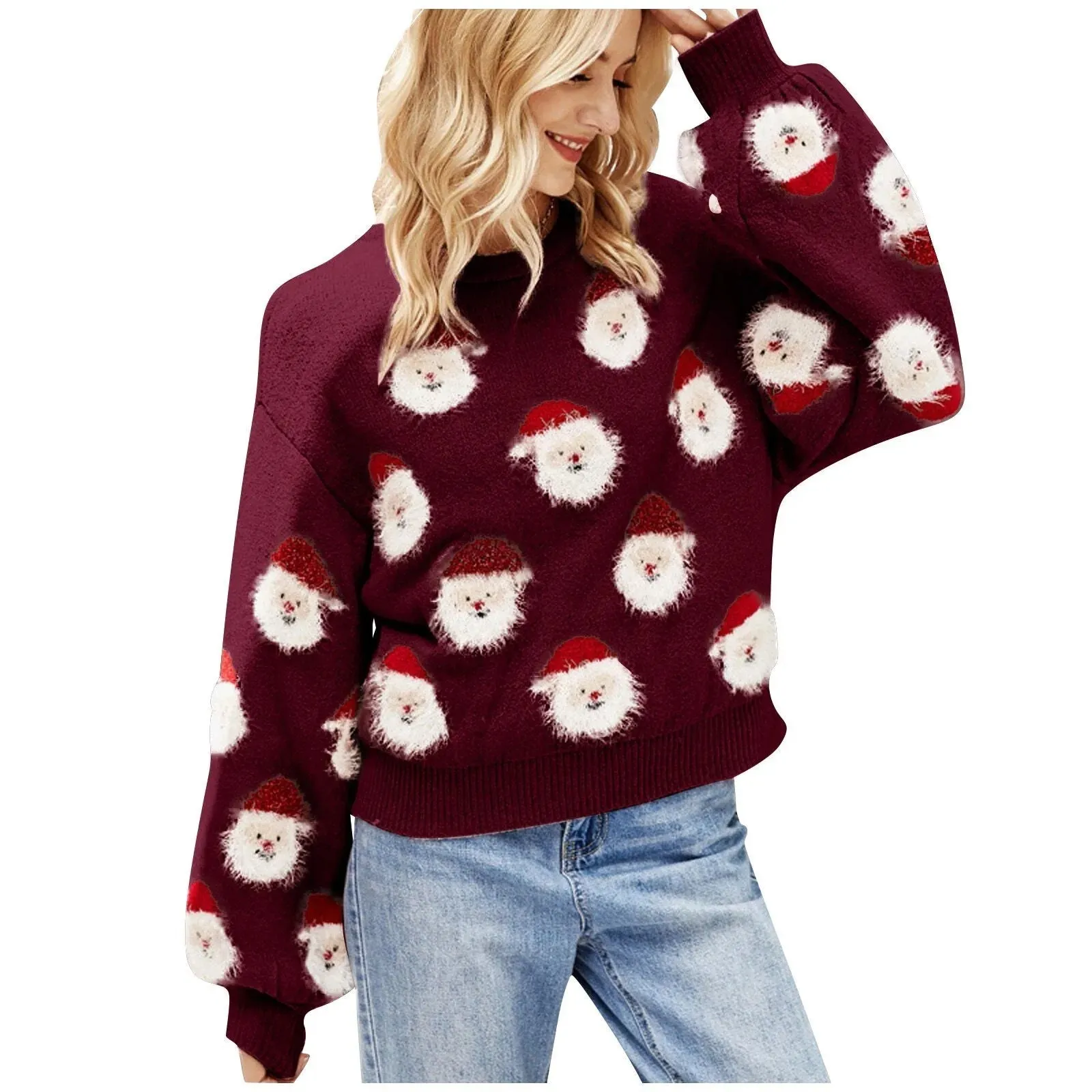 Christmas Cozy Cute Santa Head Round Neck Casual Oversized Warm Stylish Winter Sweater