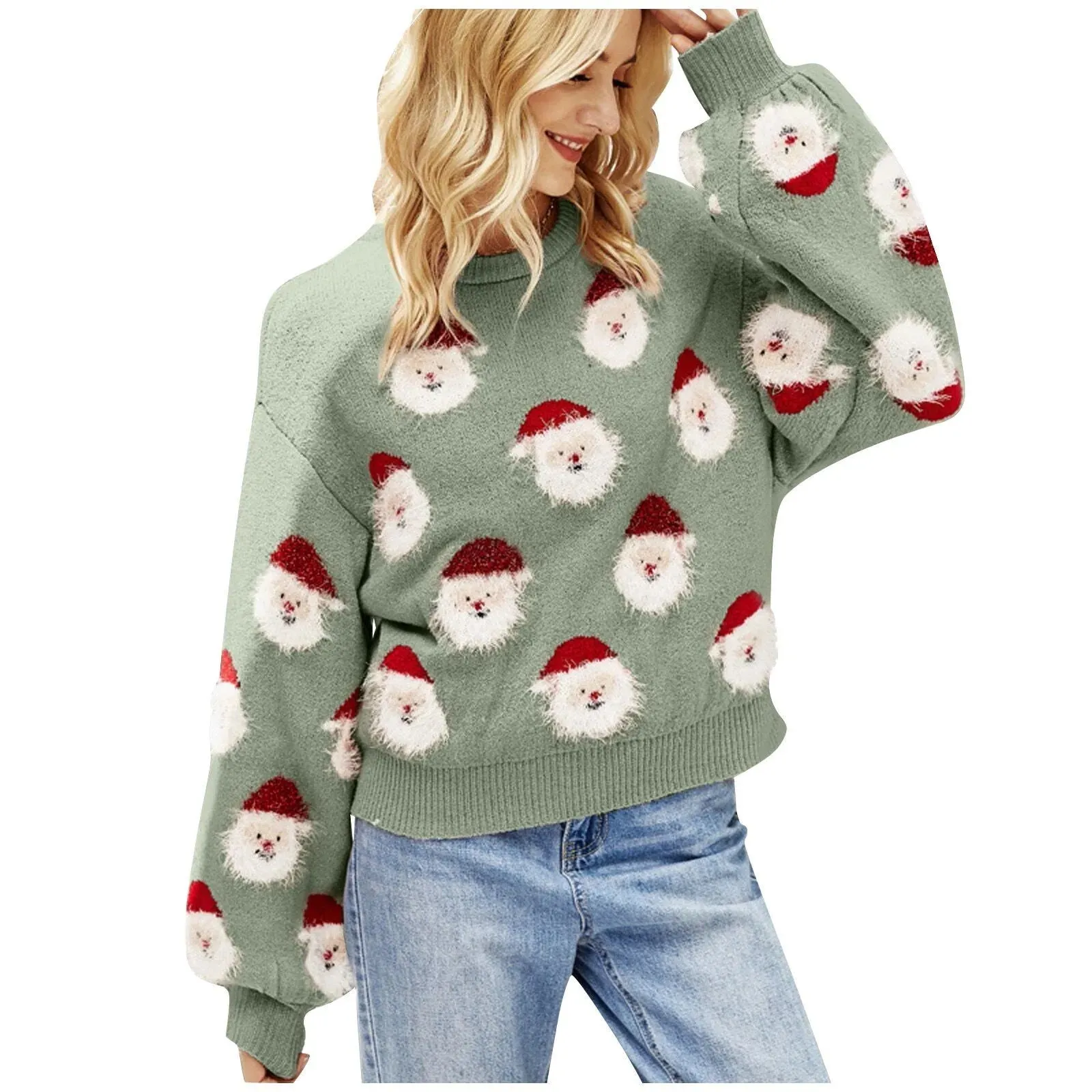 Christmas Cozy Cute Santa Head Round Neck Casual Oversized Warm Stylish Winter Sweater