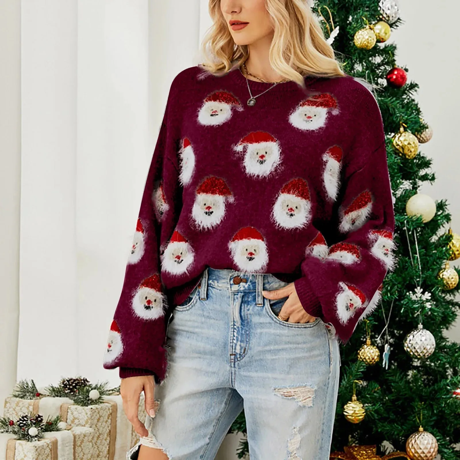 Christmas Cozy Cute Santa Head Round Neck Casual Oversized Warm Stylish Winter Sweater