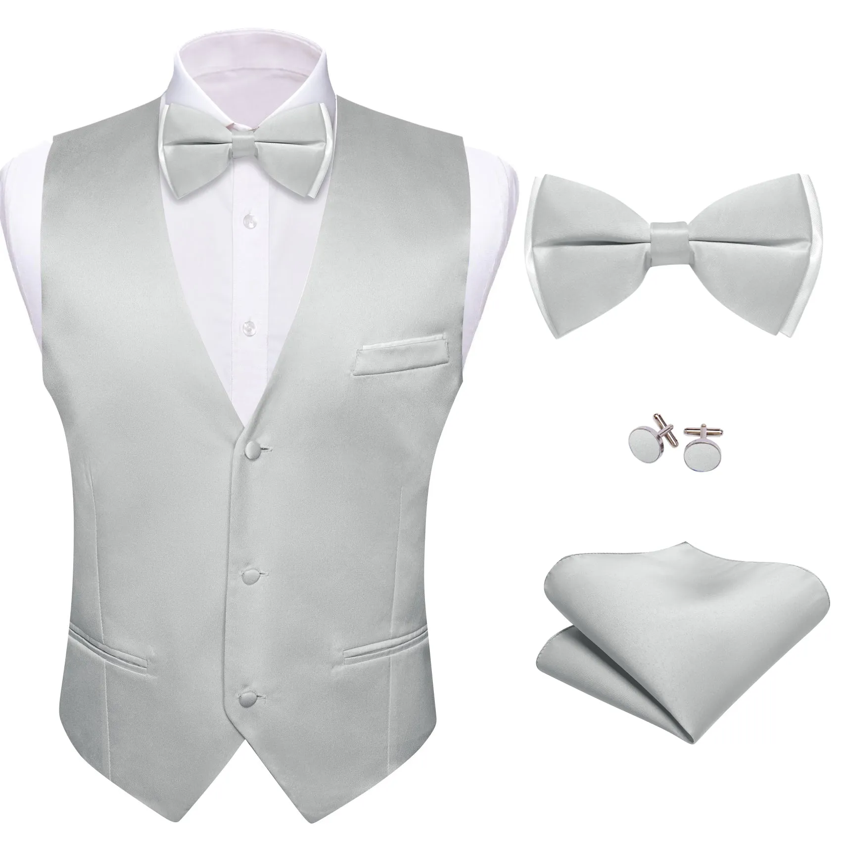 Cloud Grey Solid Silk Men's Vest Bow Tie Set Waistcoat Suit Set