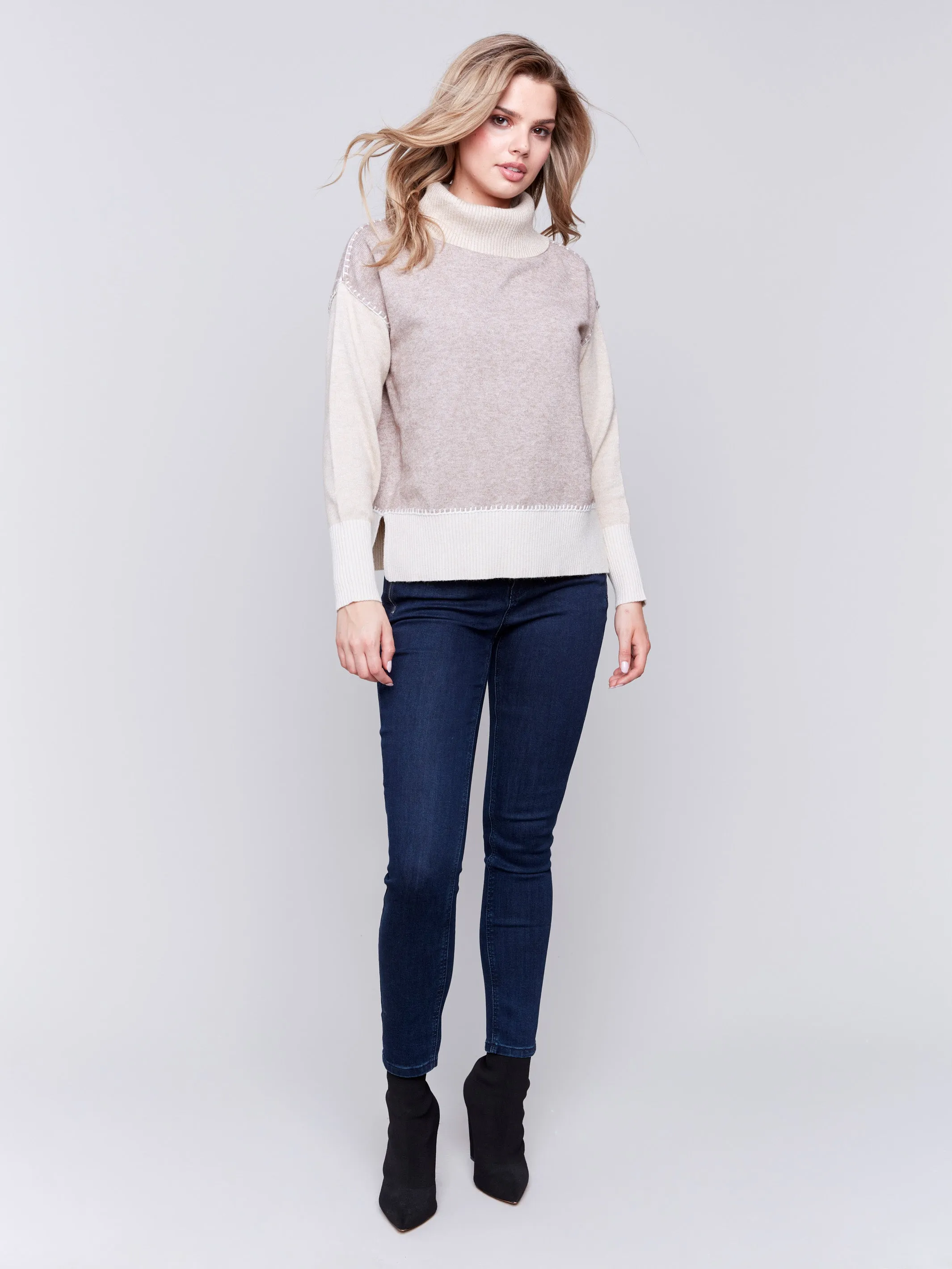 Color Block Turtleneck Sweater - Beige