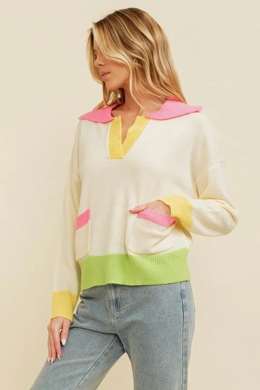 Cream Multi Color Block Pocket Detail Sweater