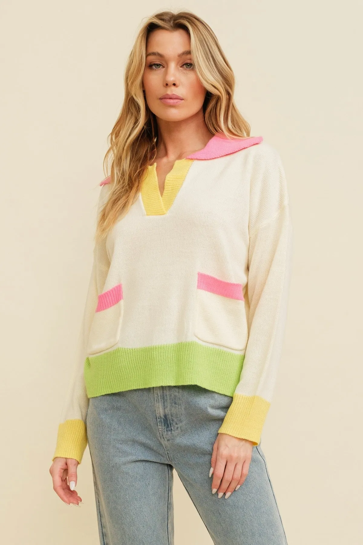 Cream Multi Color Block Pocket Detail Sweater