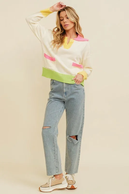 Cream Multi Color Block Pocket Detail Sweater