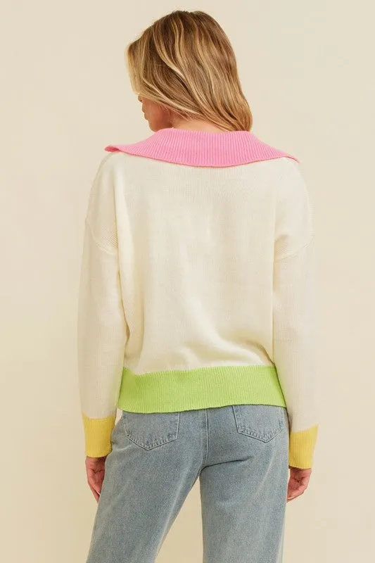 Cream Multi Color Block Pocket Detail Sweater