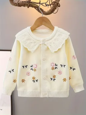 Creamy Color Embroidered Lapel Knit Cardigan For Girls, Elegant Style Comfy Knitwear Jacket, Girl's Clothing For Fall