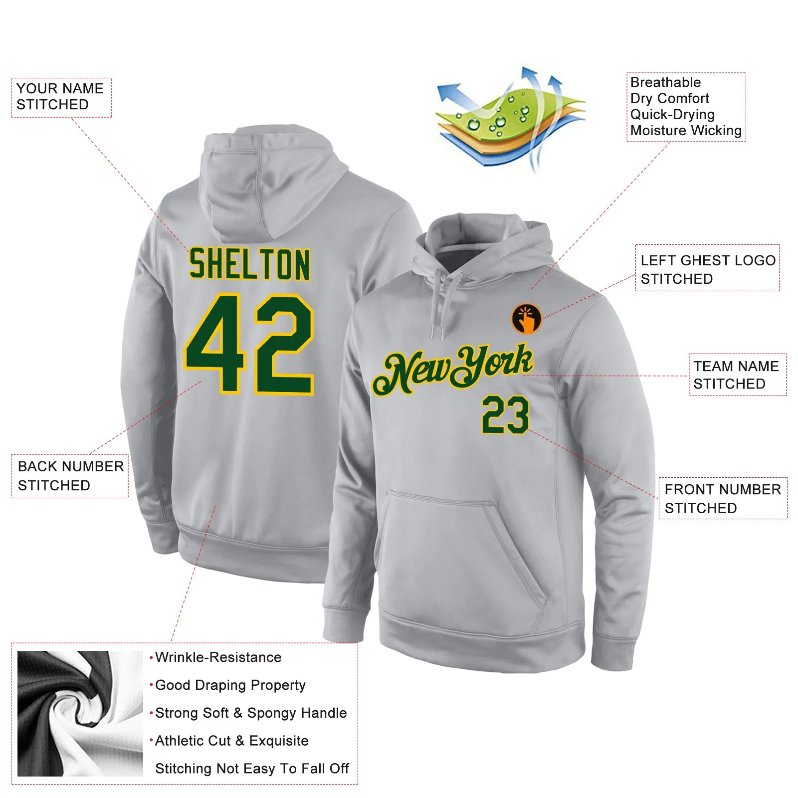 Custom Stitched Gray Green-Gold Sports Pullover Sweatshirt Hoodie