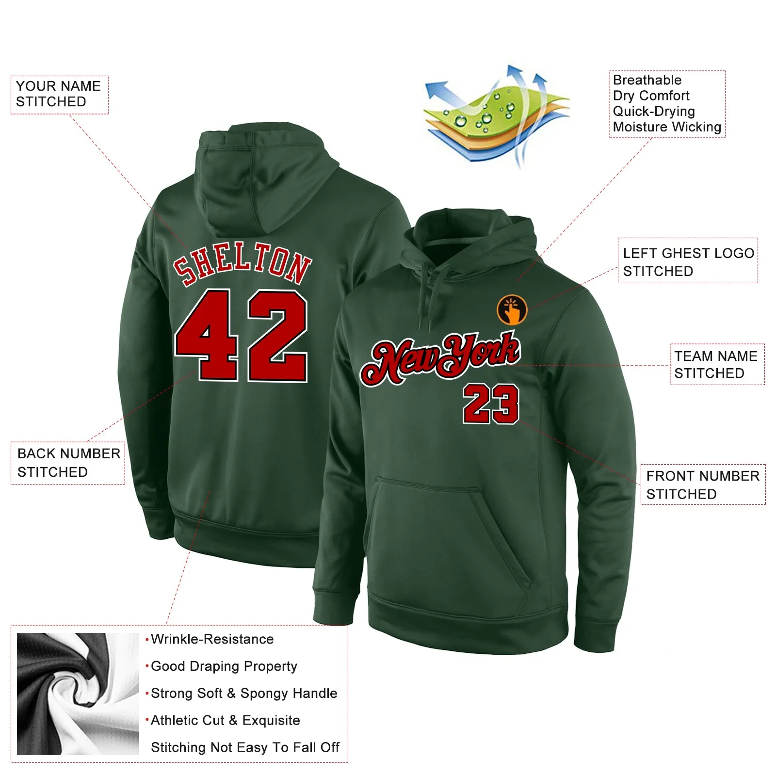 Custom Stitched Green Red-Black Sports Pullover Sweatshirt Hoodie