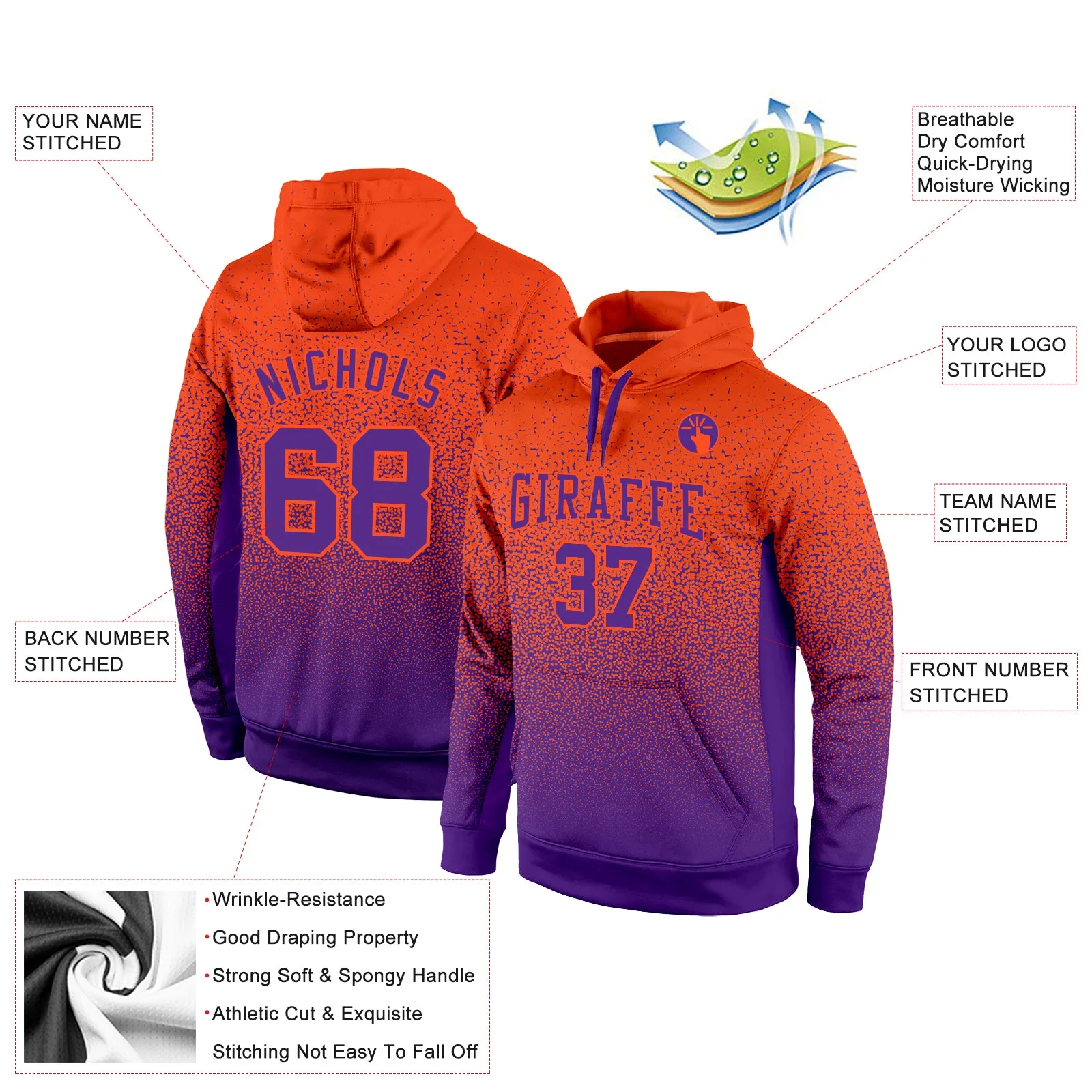 Custom Stitched Orange Purple Fade Fashion Sports Pullover Sweatshirt Hoodie