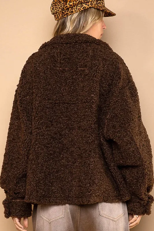 Dark Chocolate Oversize Sherpa Fleece Pockets Button Down Jacket