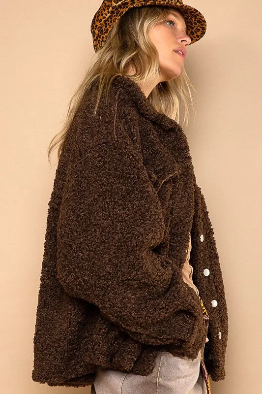 Dark Chocolate Oversize Sherpa Fleece Pockets Button Down Jacket