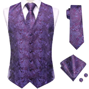 Deep Purple Paisley Men's Vest Hanky Cufflinks Tie Set