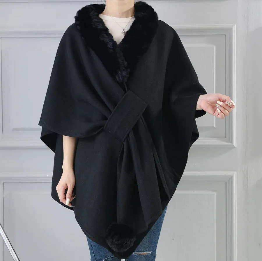 DEIA Faux Fur Collar Pompom Cape Poncho