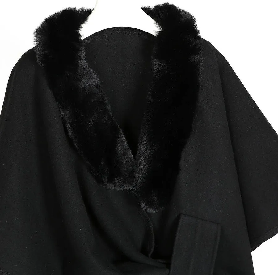 DEIA Faux Fur Collar Pompom Cape Poncho