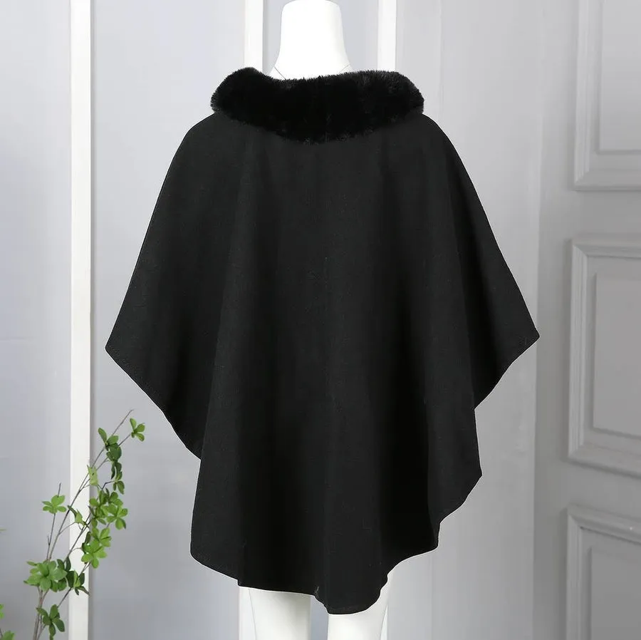 DEIA Faux Fur Collar Pompom Cape Poncho