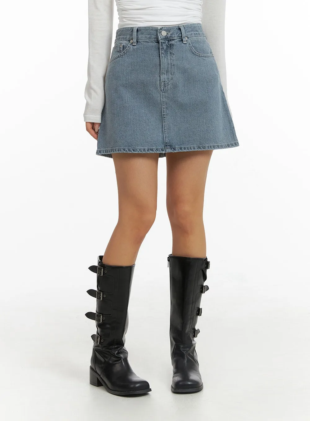 Denim Mid Waist Solid Skirt CJ429