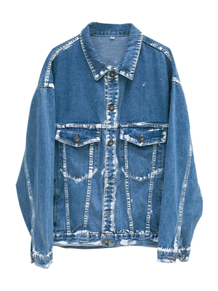 Denim Patchwork Single Breasted Jackets For Women Lapel Long Sleeve Casual Loose Jacket Female Fashion Clothing