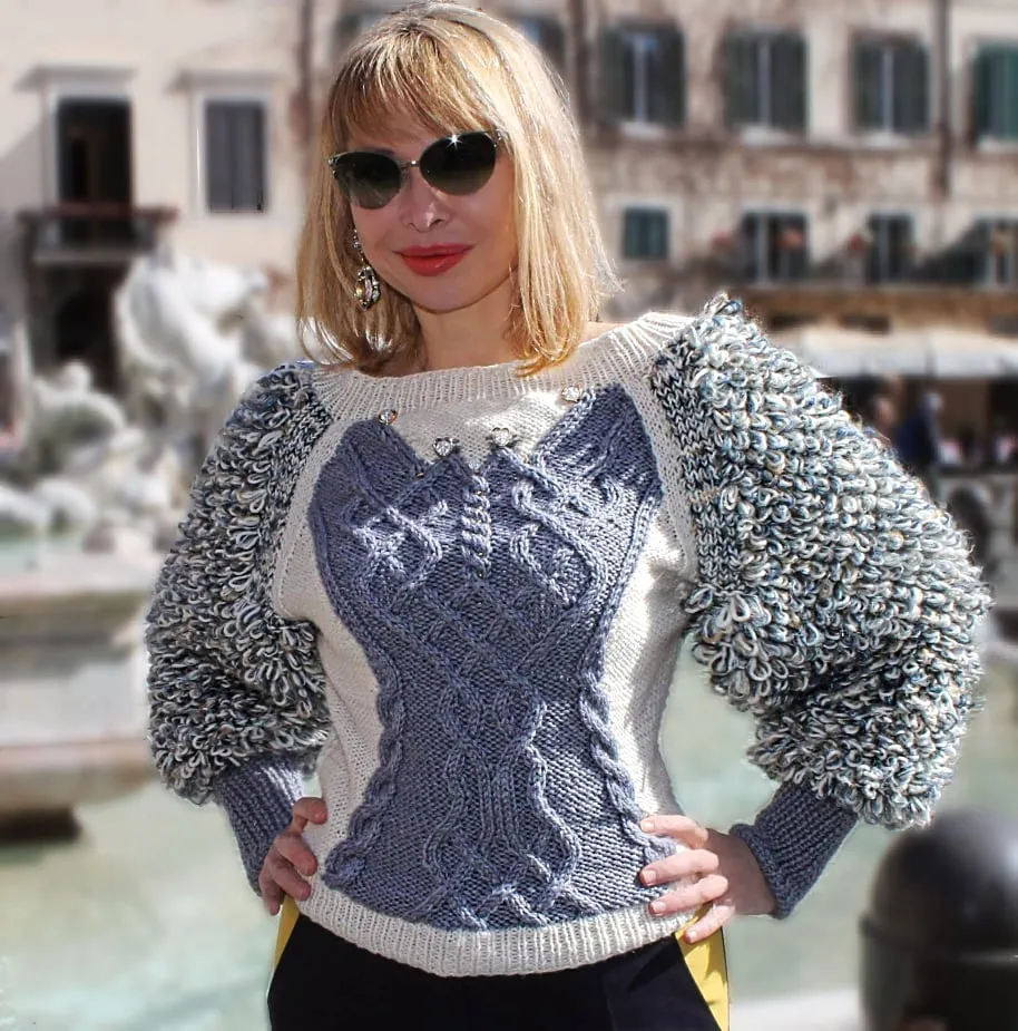 Designer Handmade Knitted Wool Sweater with puffy sleeves