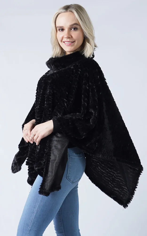 EAP8660 Stripe Pattern Faux Fur Poncho