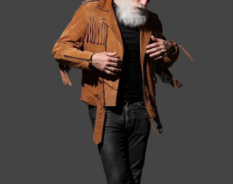 Fringe Suede Leather Belted Jacket Men's Western Style Fringe Jacket Cowboy Fringe Biker Suede Jacket